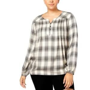 Style & Co Plaid Top Split Neck Popover SZ 0X NWT
